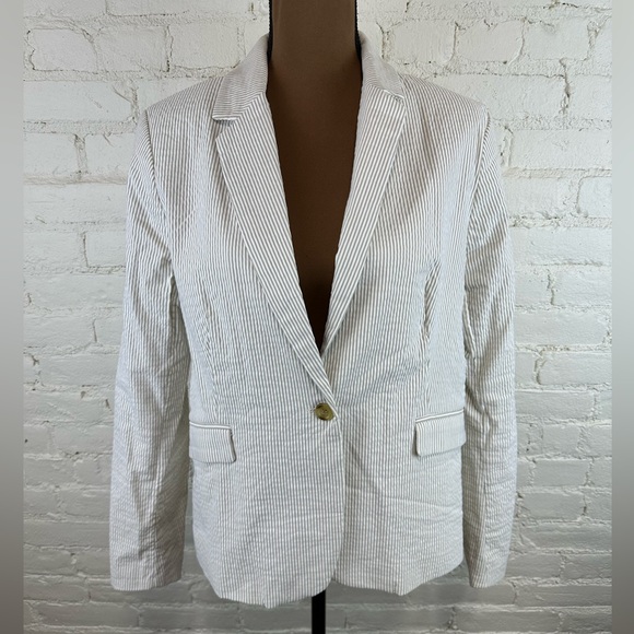 Dalia Pinstripe Seersucker Taupe Cream Stripe Single Breasted Blazer Women’s XL - Picture 1 of 8